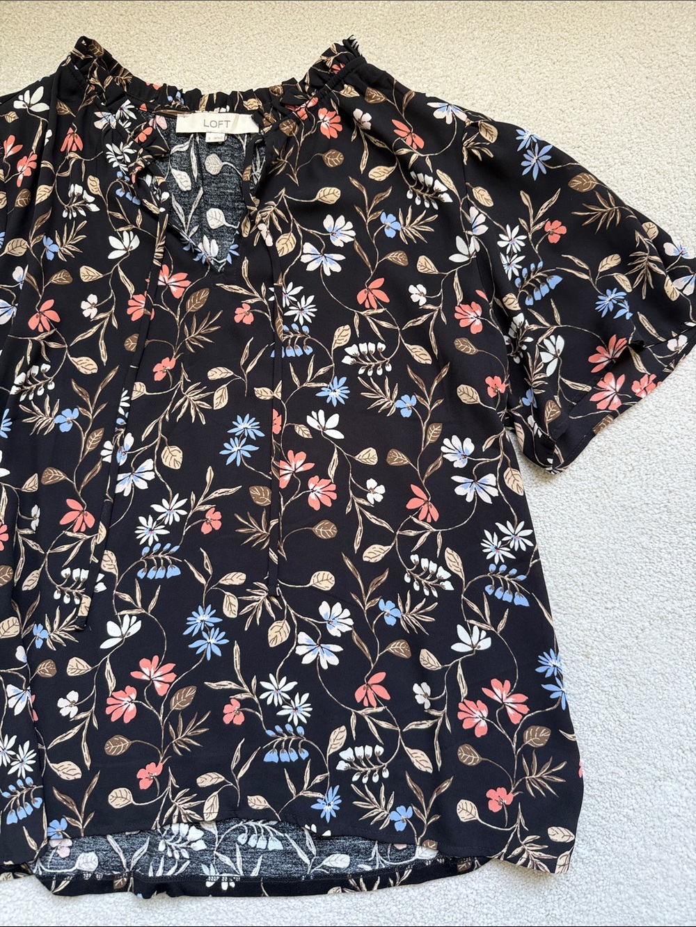 LOFT Black Floral Tie-Neck Top with Pink & Blue Accents